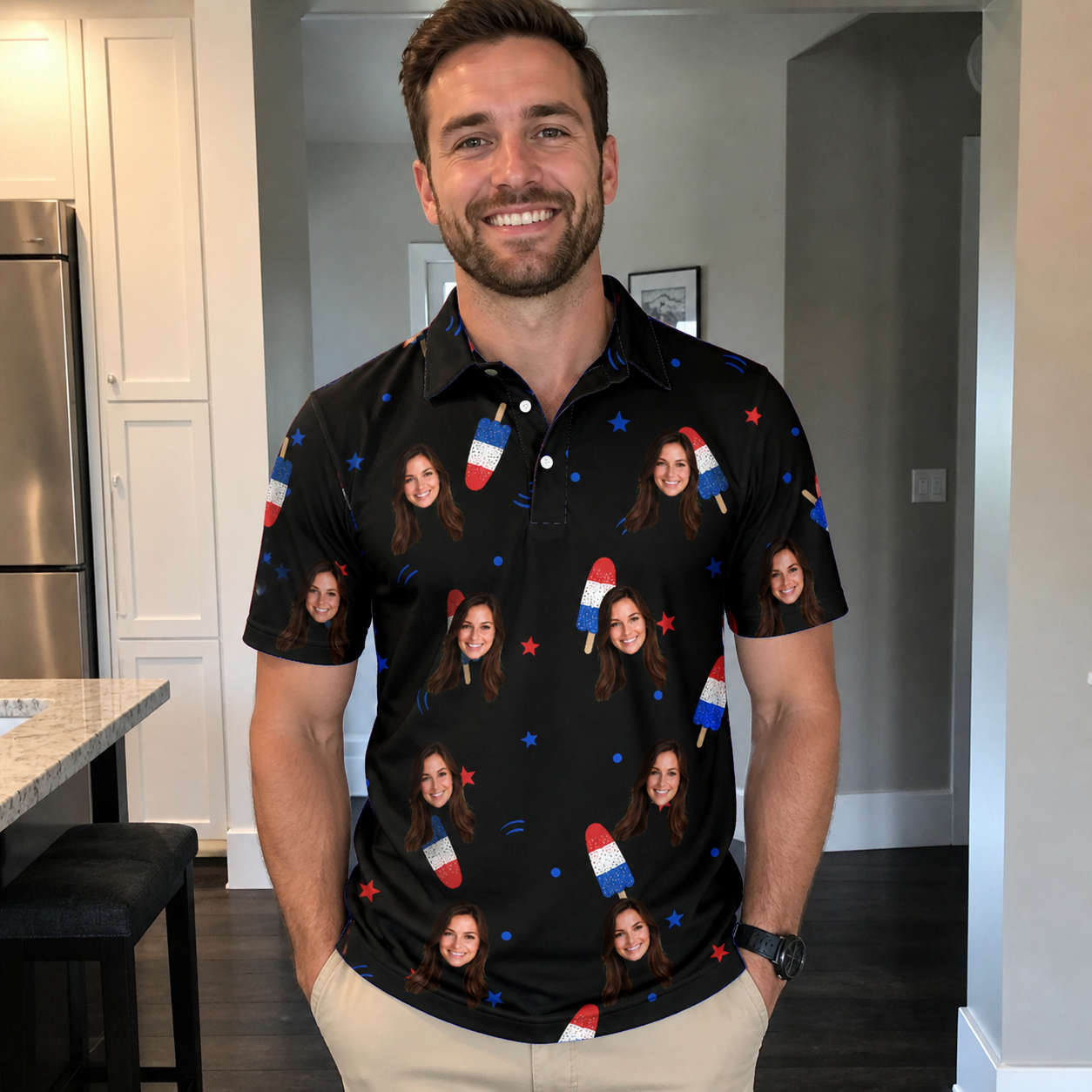 Real-life photo of someone wearing Men's Starsicle Swirl Custom Face Polo Shirt — custom faces printed all-over