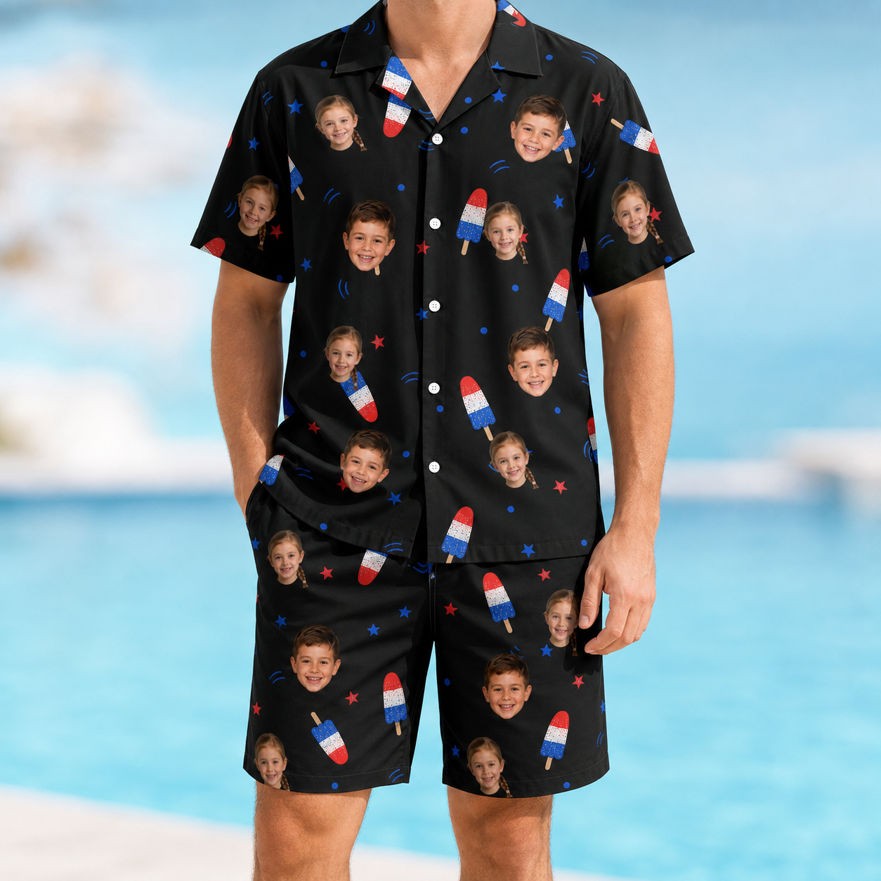 Model wearing Men's Starsicle Swirl Custom Face Shirt & Shorts Set printed with kids' faces