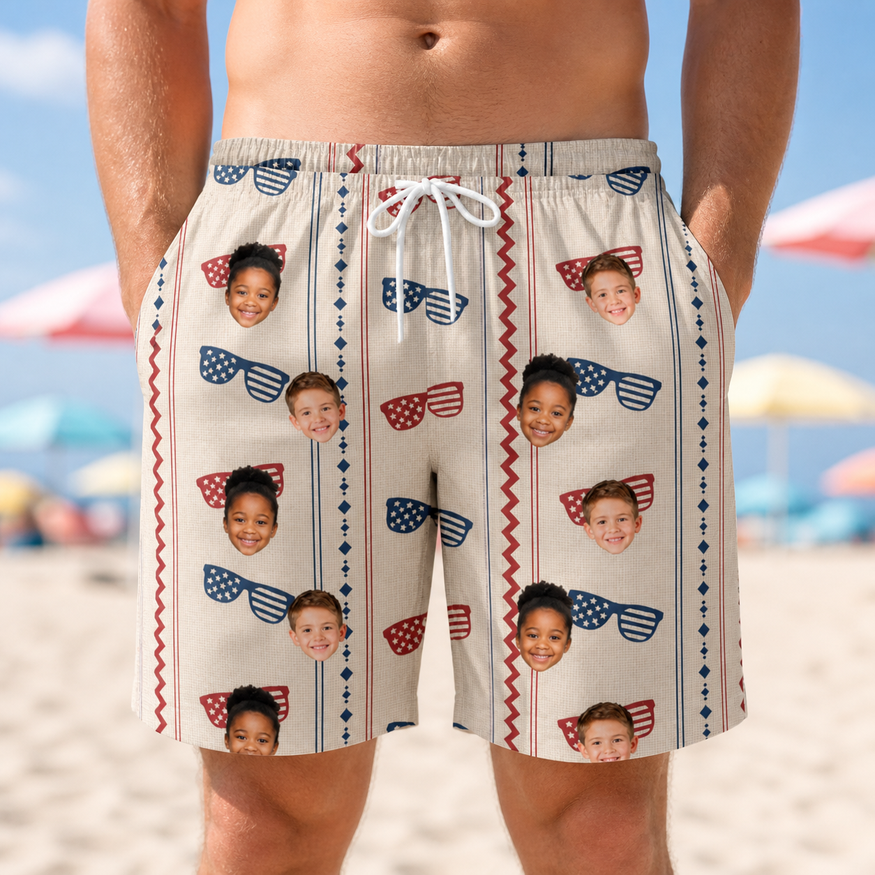 Model wearing Men's Firework Frames Custom Face Beach Shorts printed with kids' faces