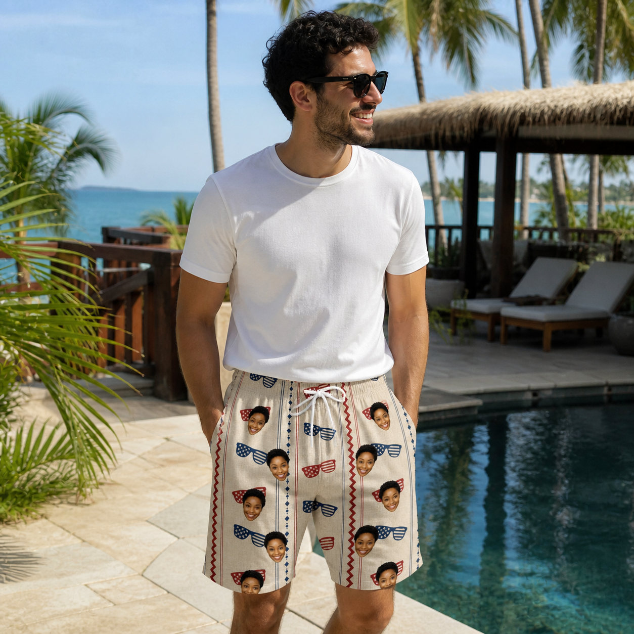 Real-life photo of someone wearing Men's Firework Frames Custom Face Beach Shorts — custom faces printed all-over