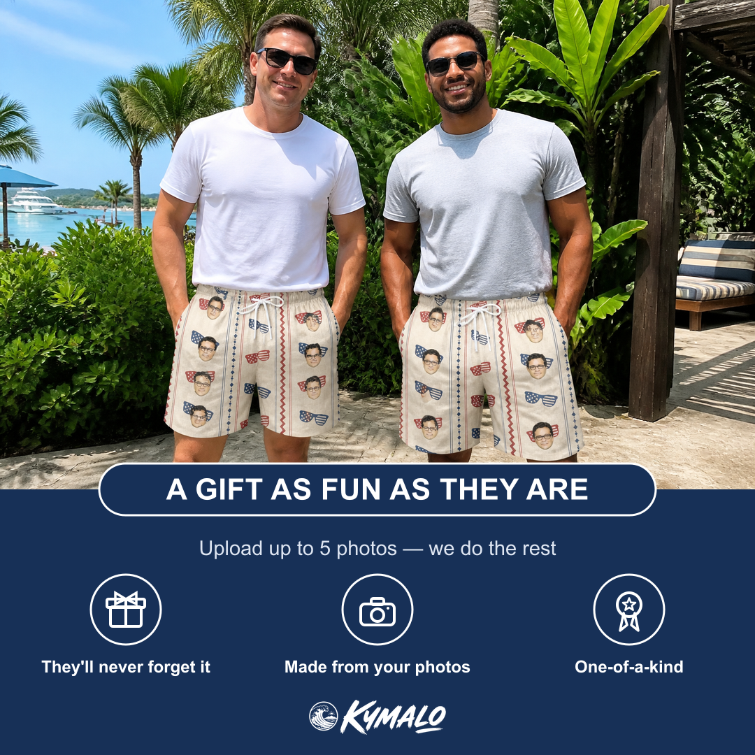 Friends in matching Men's Firework Frames Custom Face Beach Shorts — a group gift photo