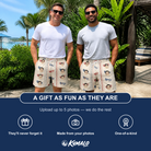 Friends in matching Men's Firework Frames Custom Face Beach Shorts — a group gift photo