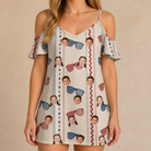 Model wearing Women's Firework Frames Custom Face Off-Shoulder Dress printed with kids' faces