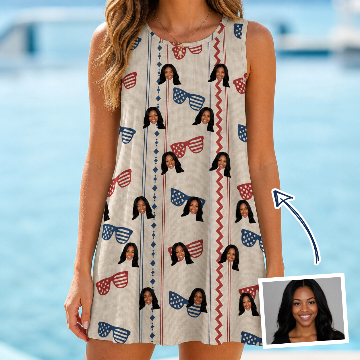 Woman wearing Women's Firework Frames Custom Face Tank Dress — custom faces printed all-over