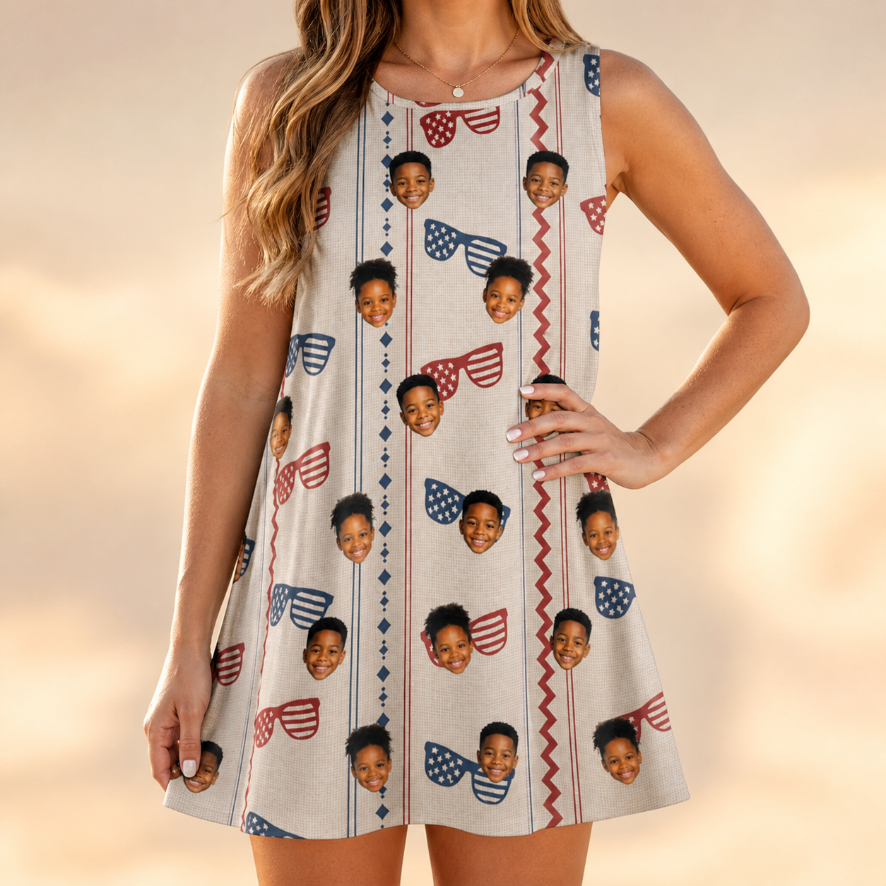 Model wearing Women's Firework Frames Custom Face Tank Dress printed with kids' faces