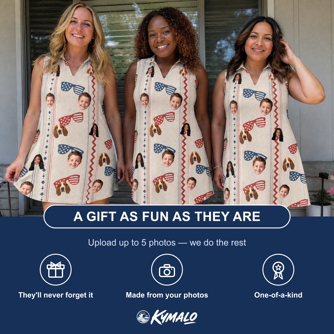 Friends in matching Women's Firework Frames Custom Face V-Neck Dress — a group gift photo