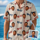Man wearing Men's Firework Frames Custom Face Hawaiian Shirt — custom faces printed all-over