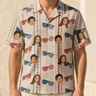 Model wearing Men's Firework Frames Custom Face Hawaiian Shirt printed with kids' faces
