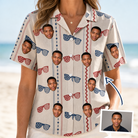 Woman wearing Women's Firework Frames Custom Face Hawaiian Shirt — custom faces printed all-over
