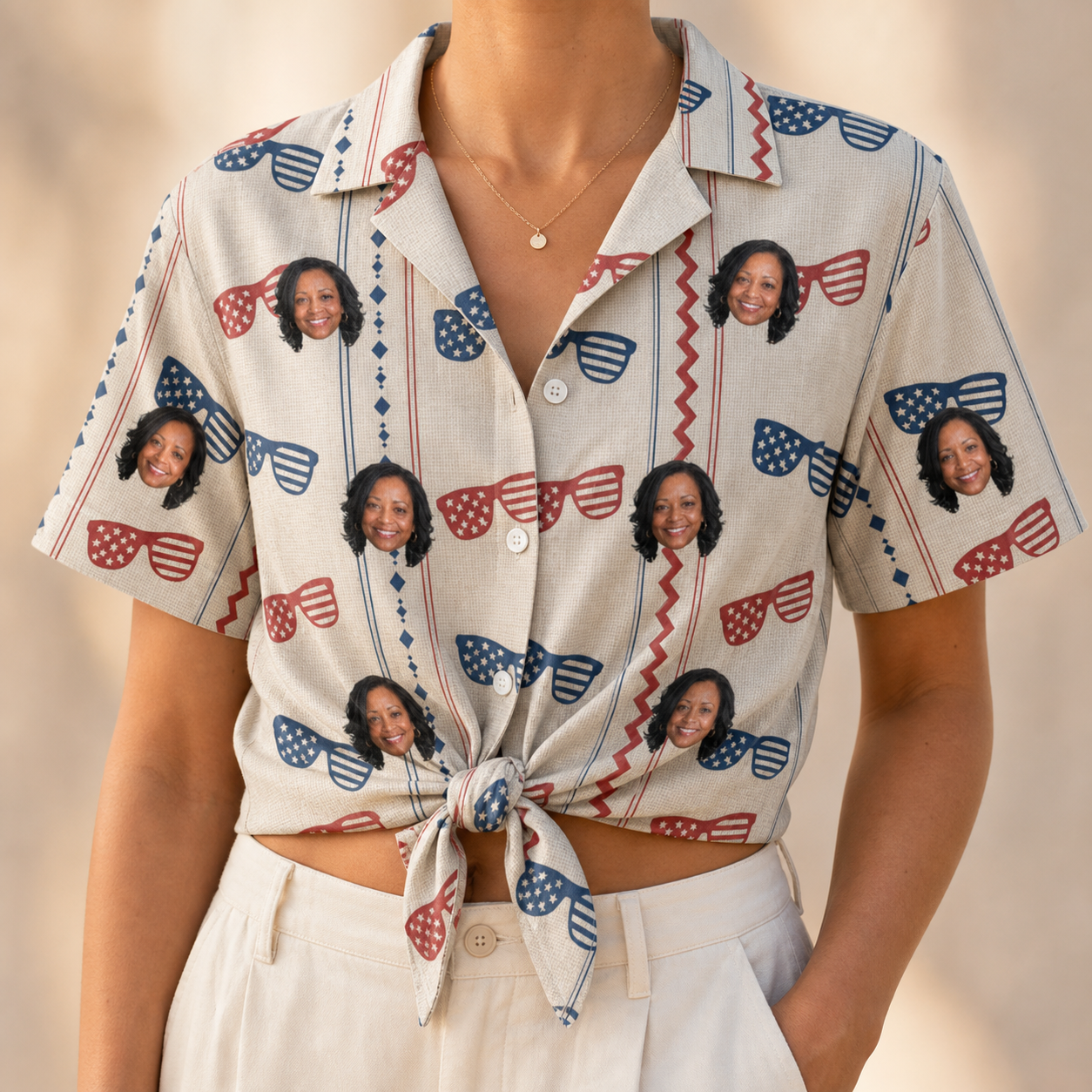 Woman wearing Women's Firework Frames Custom Face Hawaiian Shirt tied at the waist