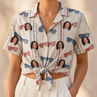 Woman wearing Women's Firework Frames Custom Face Hawaiian Shirt tied at the waist