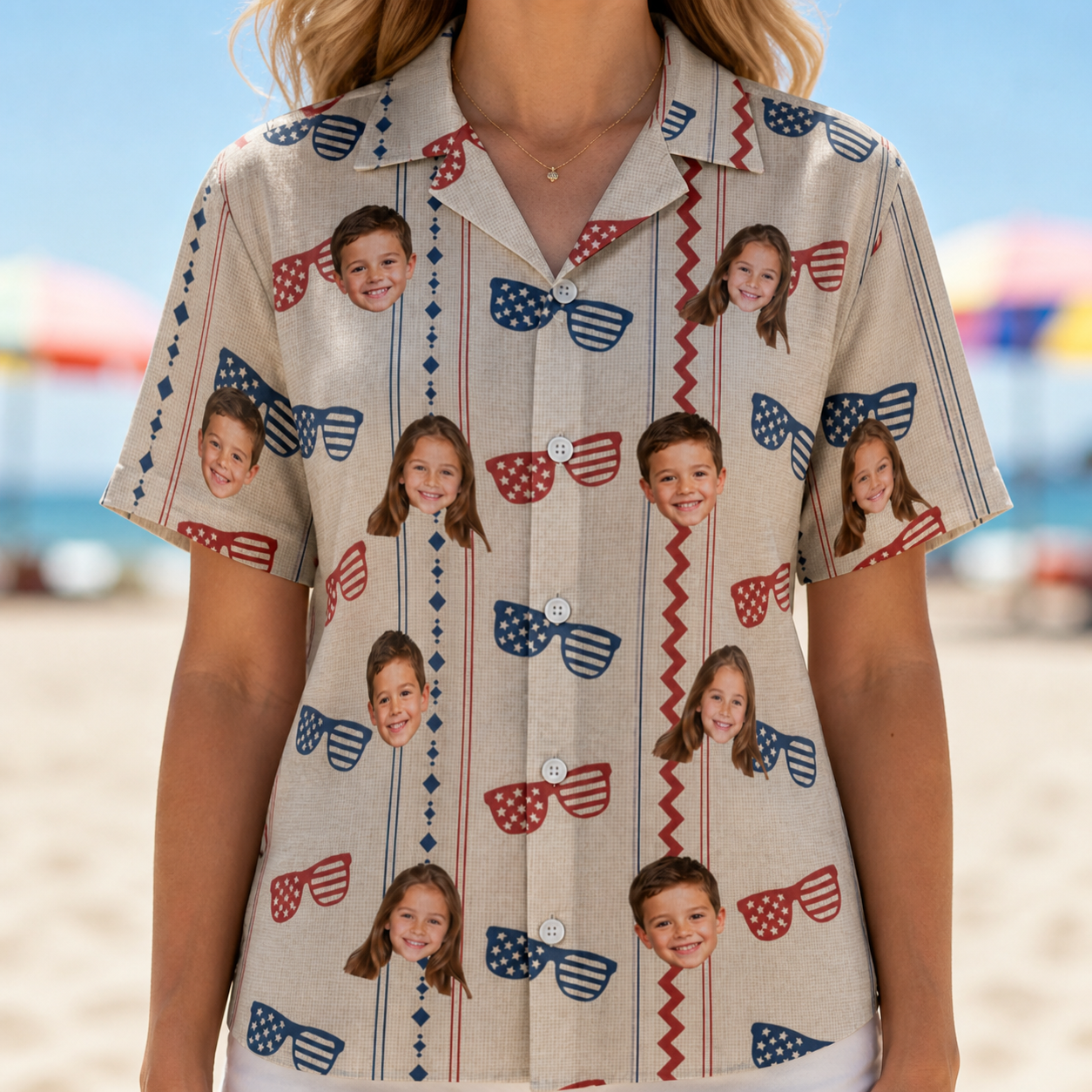 Model wearing Women's Firework Frames Custom Face Hawaiian Shirt printed with kids' faces
