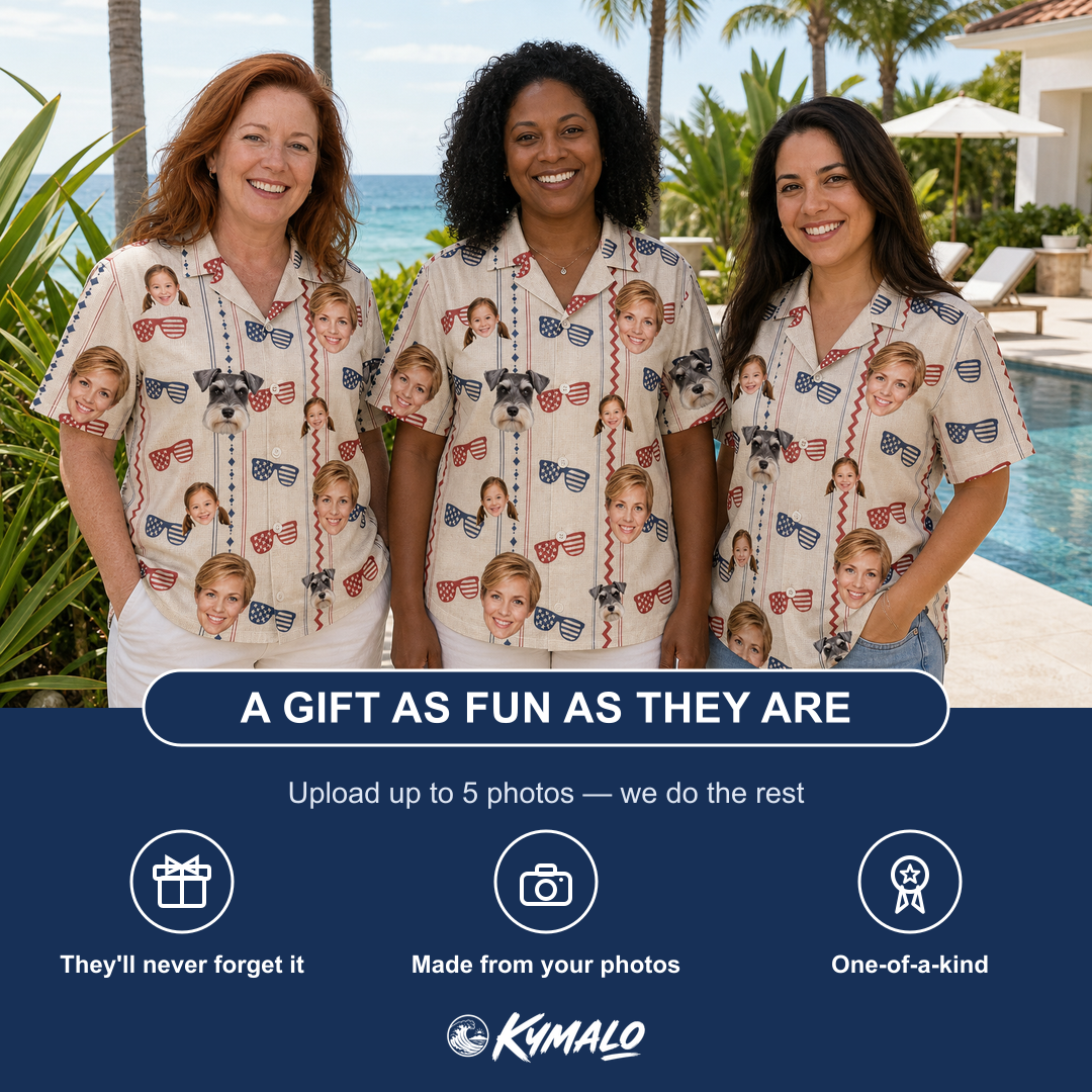 Friends in matching Women's Firework Frames Custom Face Hawaiian Shirt — a group gift photo