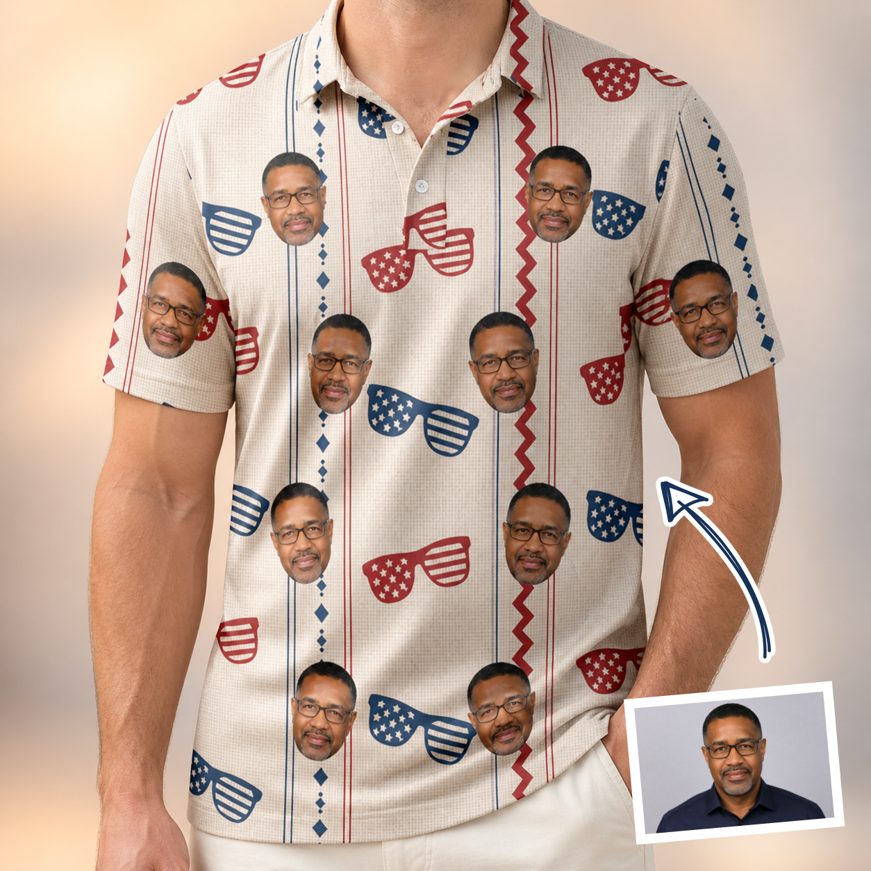 Man wearing Men's Firework Frames Custom Face Polo Shirt — custom faces printed all-over