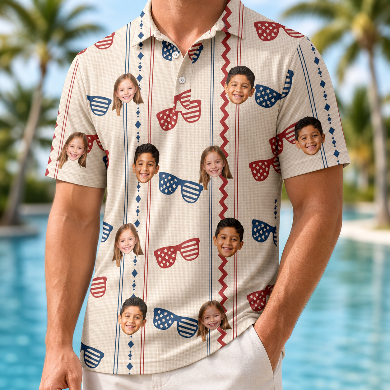 Model wearing Men's Firework Frames Custom Face Polo Shirt printed with kids' faces