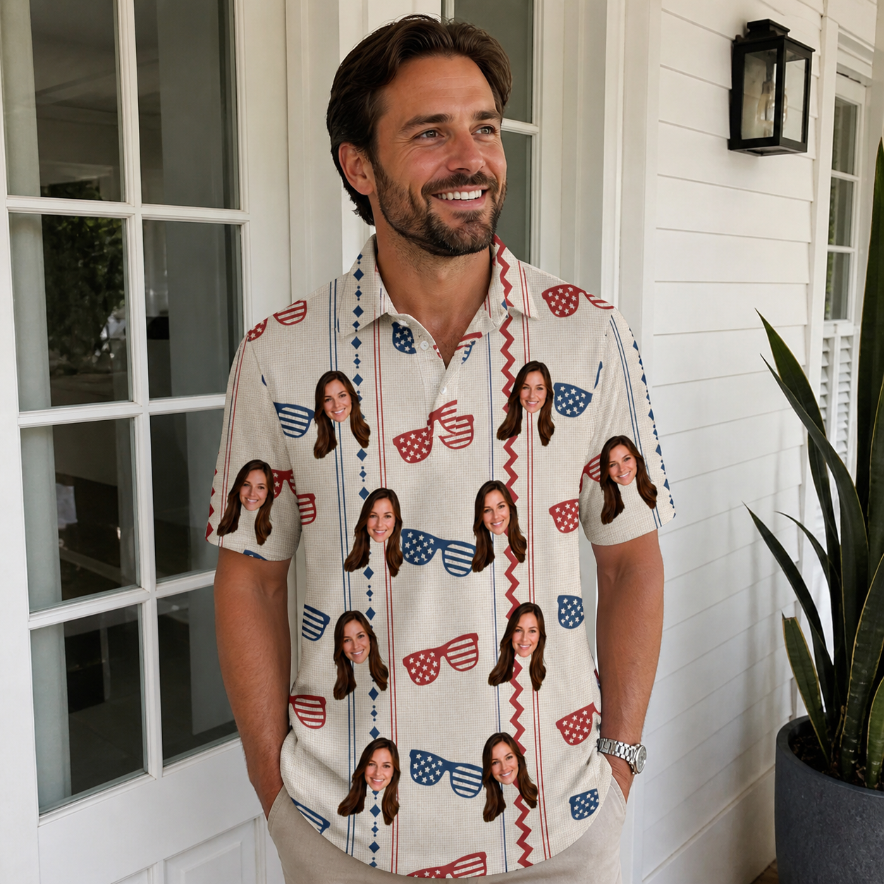 Real-life photo of someone wearing Men's Firework Frames Custom Face Polo Shirt — custom faces printed all-over