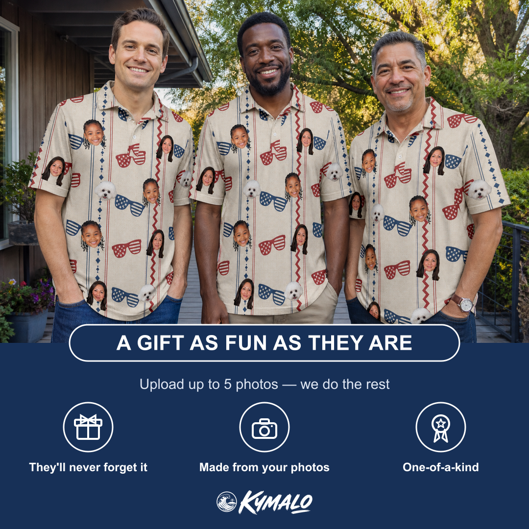Friends in matching Men's Firework Frames Custom Face Polo Shirt — a group gift photo