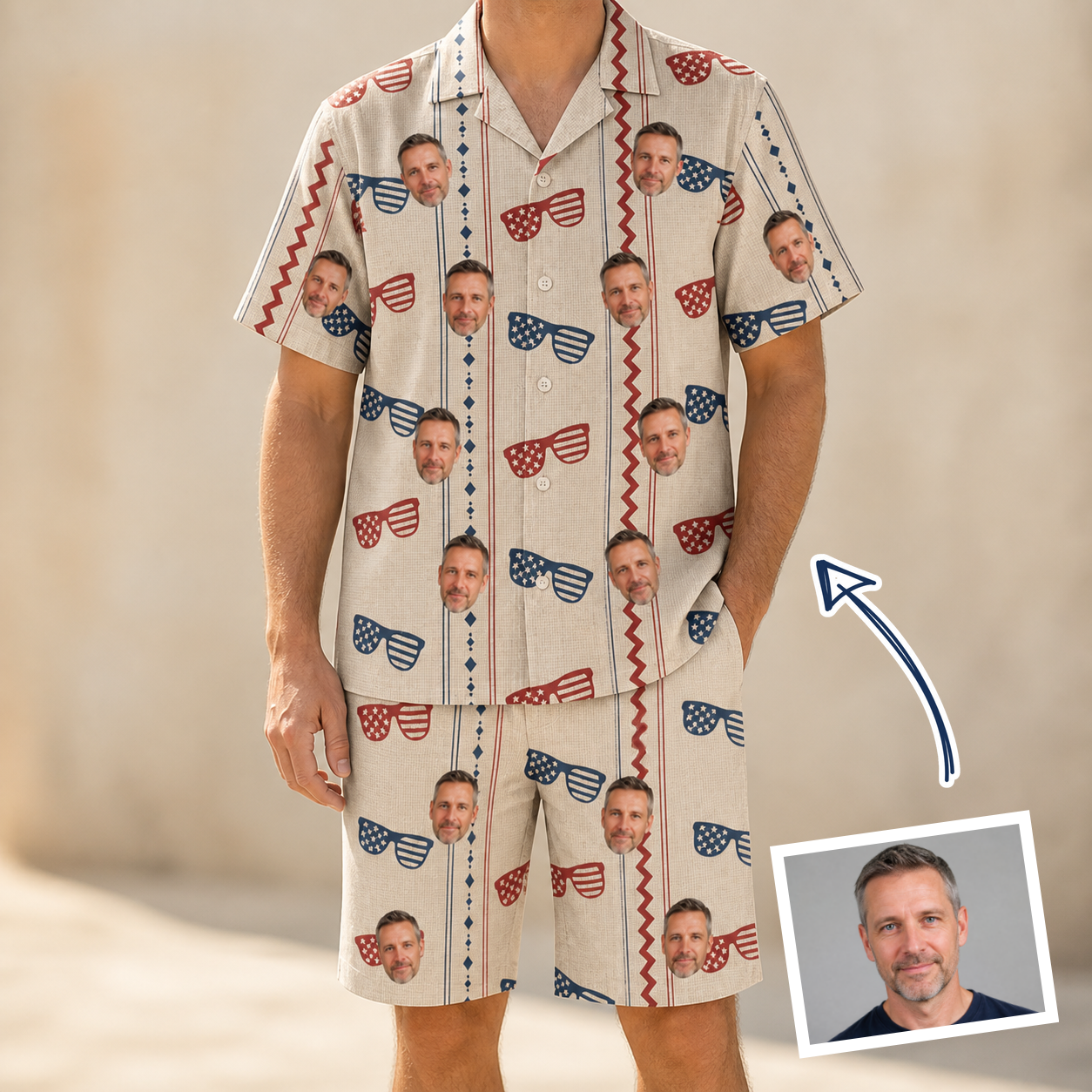 Man wearing Men's Firework Frames Custom Face Shirt & Shorts Set — custom faces printed all-over
