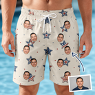 Man wearing Men's Fourth Fizz Custom Face Beach Shorts — custom faces printed all-over