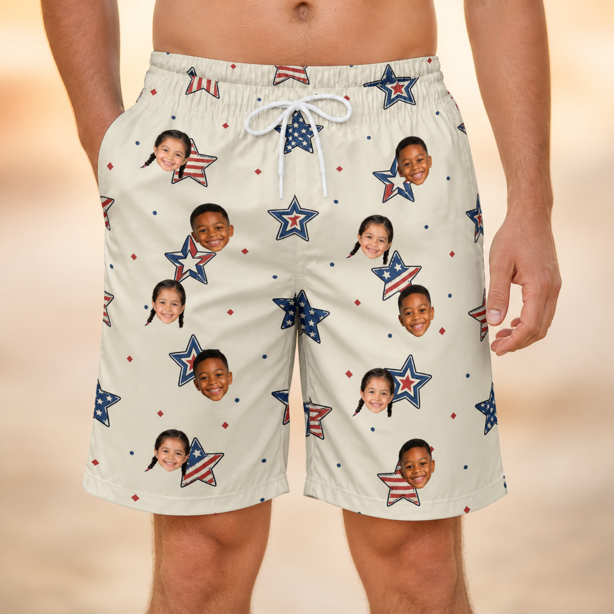 Model wearing Men's Fourth Fizz Custom Face Beach Shorts printed with kids' faces