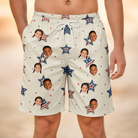 Model wearing Men's Fourth Fizz Custom Face Beach Shorts printed with kids' faces