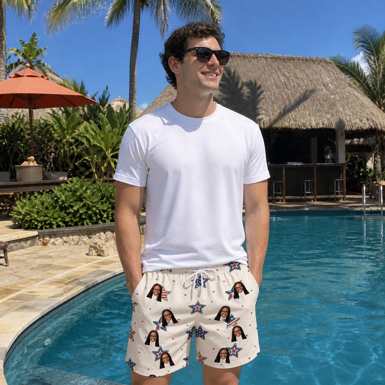 Real-life photo of someone wearing Men's Fourth Fizz Custom Face Beach Shorts — custom faces printed all-over