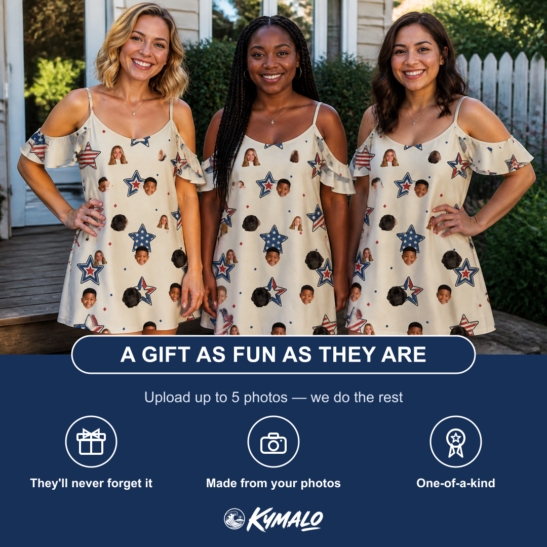 Friends in matching Women's Fourth Fizz Custom Face Off-Shoulder Dress — a group gift photo