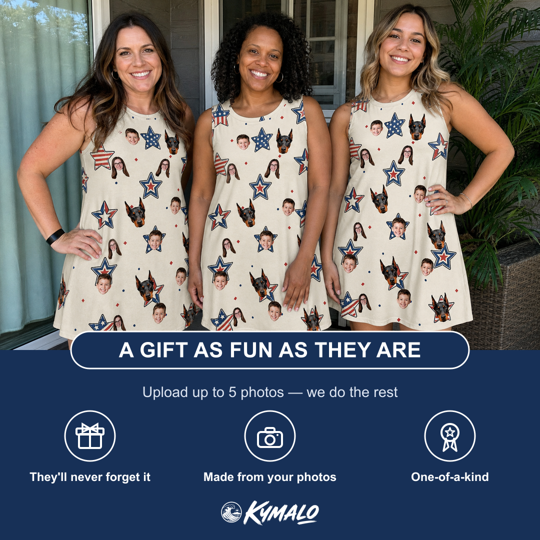 Friends in matching Women's Fourth Fizz Custom Face Tank Dress — a group gift photo