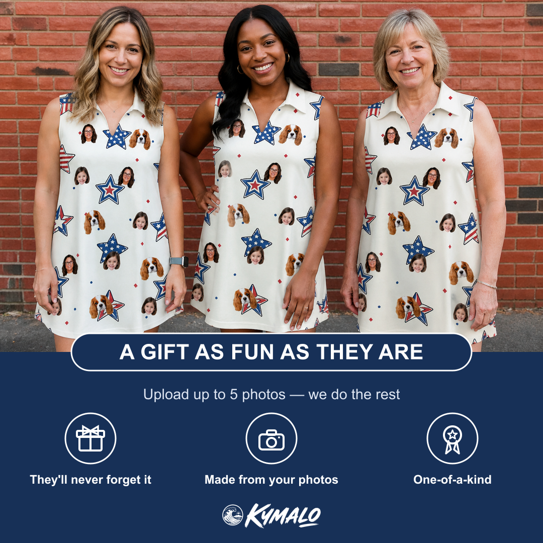 Friends in matching Women's Fourth Fizz Custom Face V-Neck Dress — a group gift photo