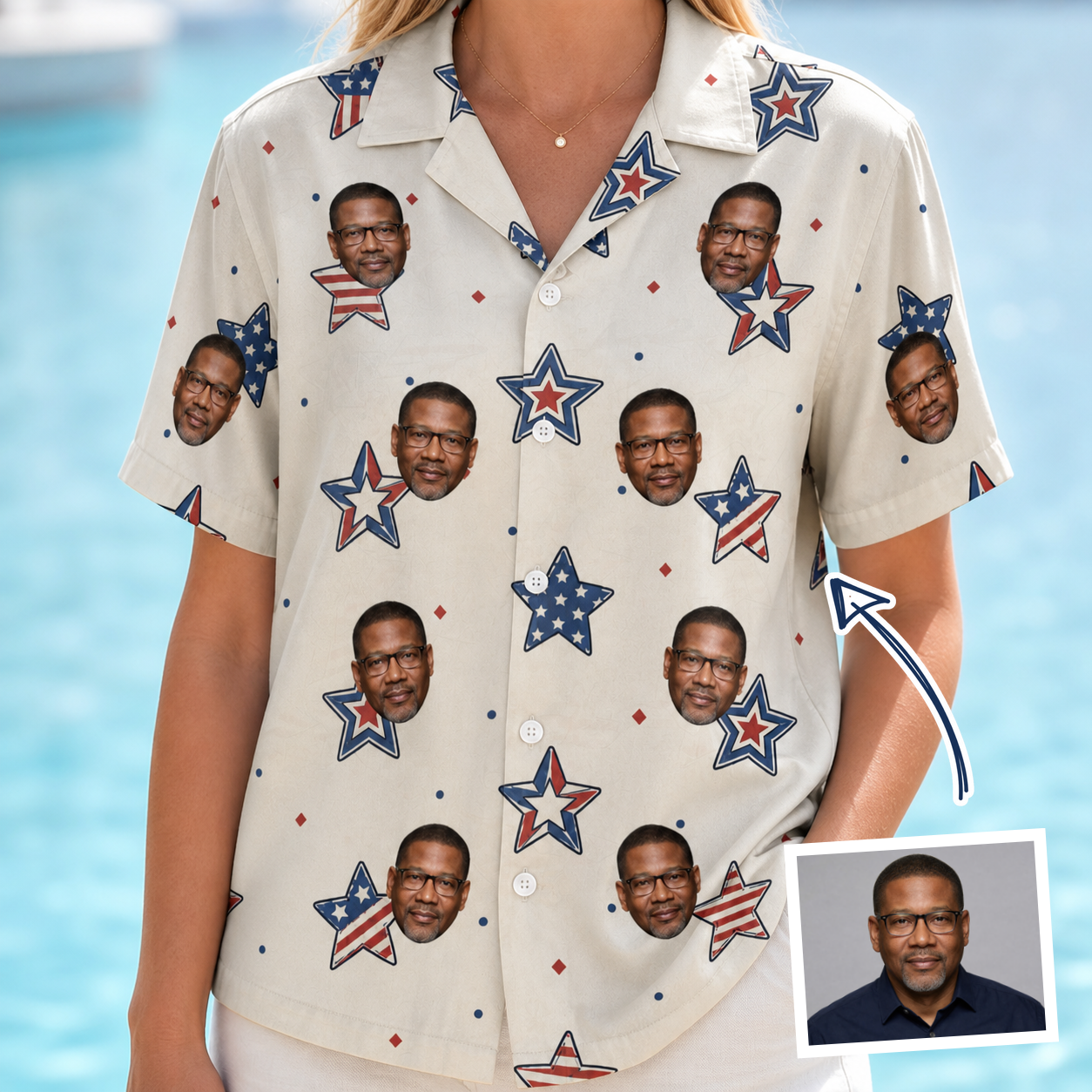 Woman wearing Women's Fourth Fizz Custom Face Hawaiian Shirt — custom faces printed all-over