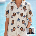 Woman wearing Women's Fourth Fizz Custom Face Hawaiian Shirt — custom faces printed all-over
