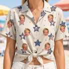 Woman wearing Women's Fourth Fizz Custom Face Hawaiian Shirt tied at the waist