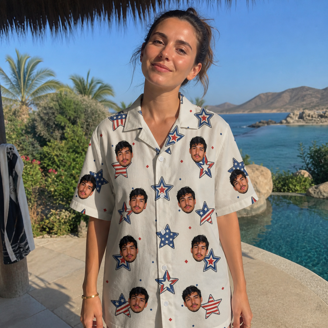 Real-life photo of someone wearing Women's Fourth Fizz Custom Face Hawaiian Shirt — custom faces printed all-over