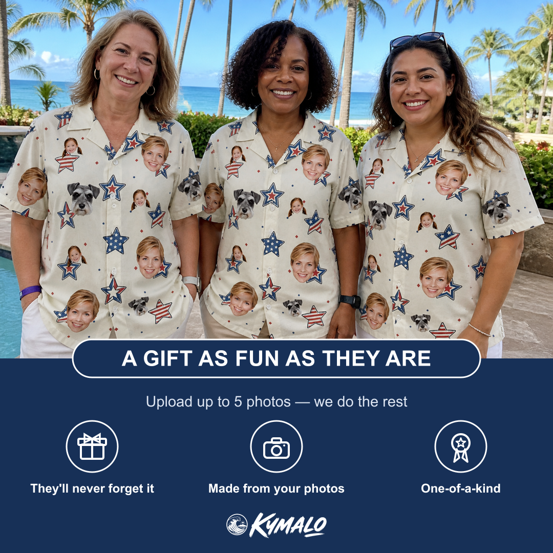 Friends in matching Women's Fourth Fizz Custom Face Hawaiian Shirt — a group gift photo
