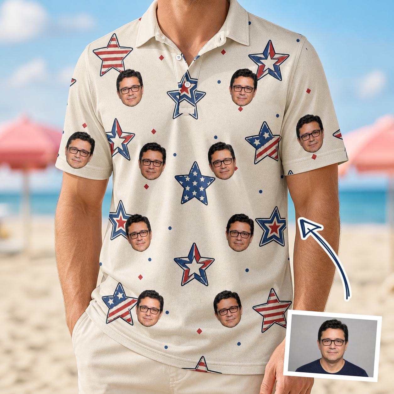 Man wearing Men's Fourth Fizz Custom Face Polo Shirt — custom faces printed all-over