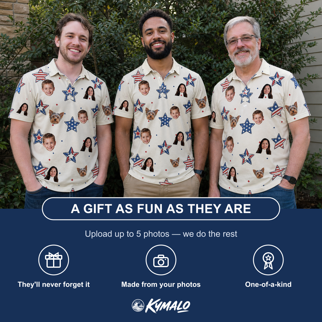 Friends in matching Men's Fourth Fizz Custom Face Polo Shirt — a group gift photo