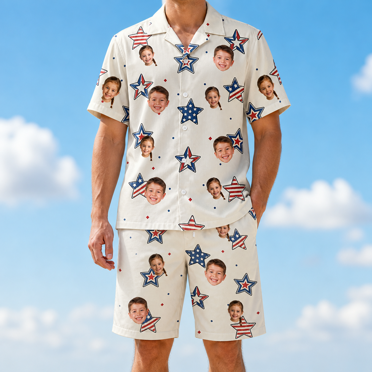 Model wearing Men's Fourth Fizz Custom Face Shirt & Shorts Set printed with kids' faces