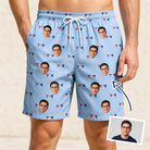 Man wearing Men's Yankee Doodle Custom Face Beach Shorts — custom faces printed all-over