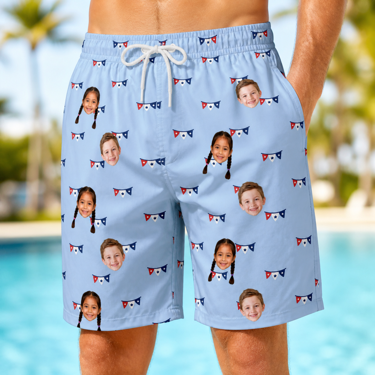 Model wearing Men's Yankee Doodle Custom Face Beach Shorts printed with kids' faces