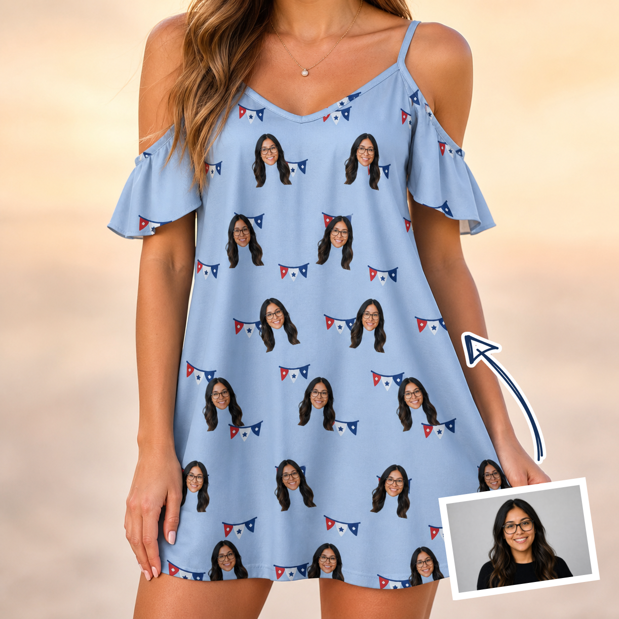 Woman wearing Women's Yankee Doodle Custom Face Off-Shoulder Dress — custom faces printed all-over
