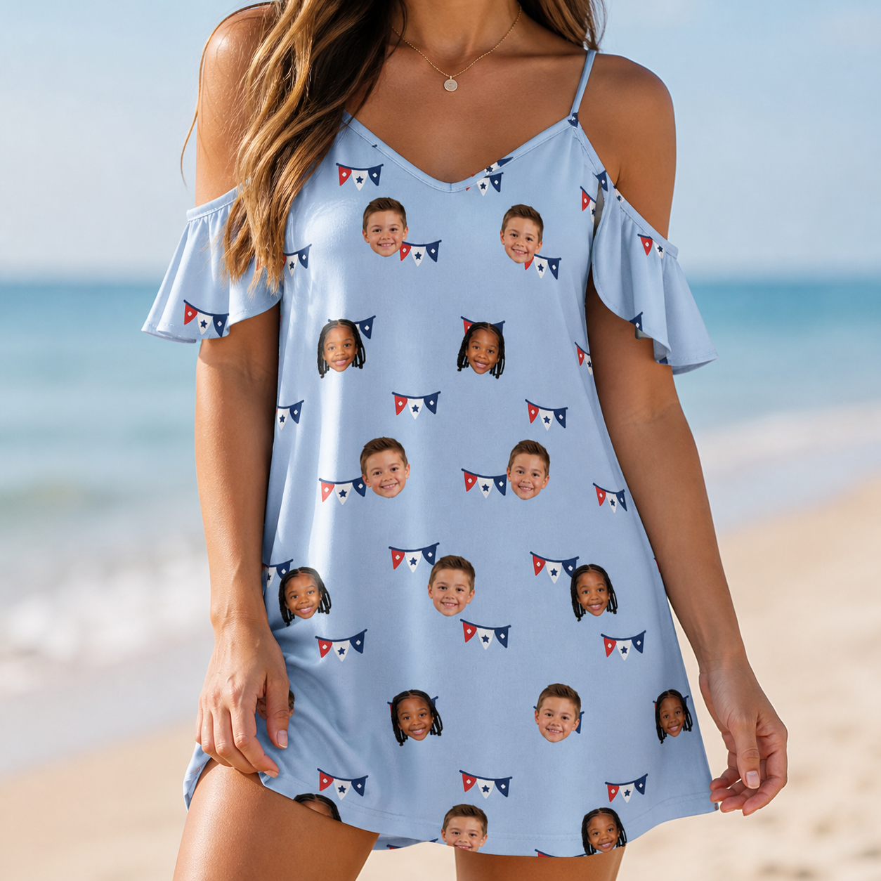 Model wearing Women's Yankee Doodle Custom Face Off-Shoulder Dress printed with kids' faces
