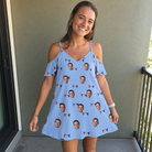 Real-life photo of someone wearing Women's Yankee Doodle Custom Face Off-Shoulder Dress — custom faces printed all-over