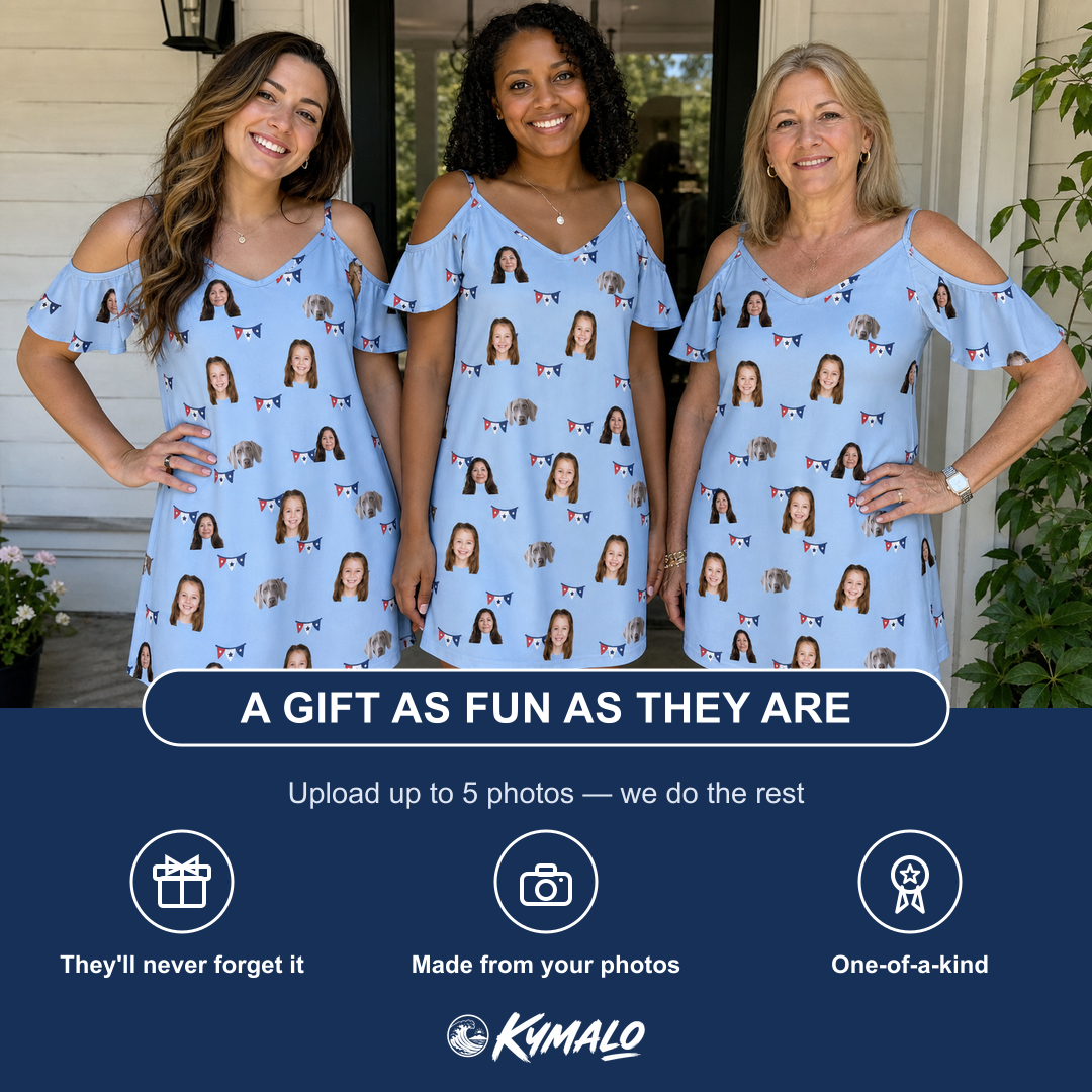 Friends in matching Women's Yankee Doodle Custom Face Off-Shoulder Dress — a group gift photo