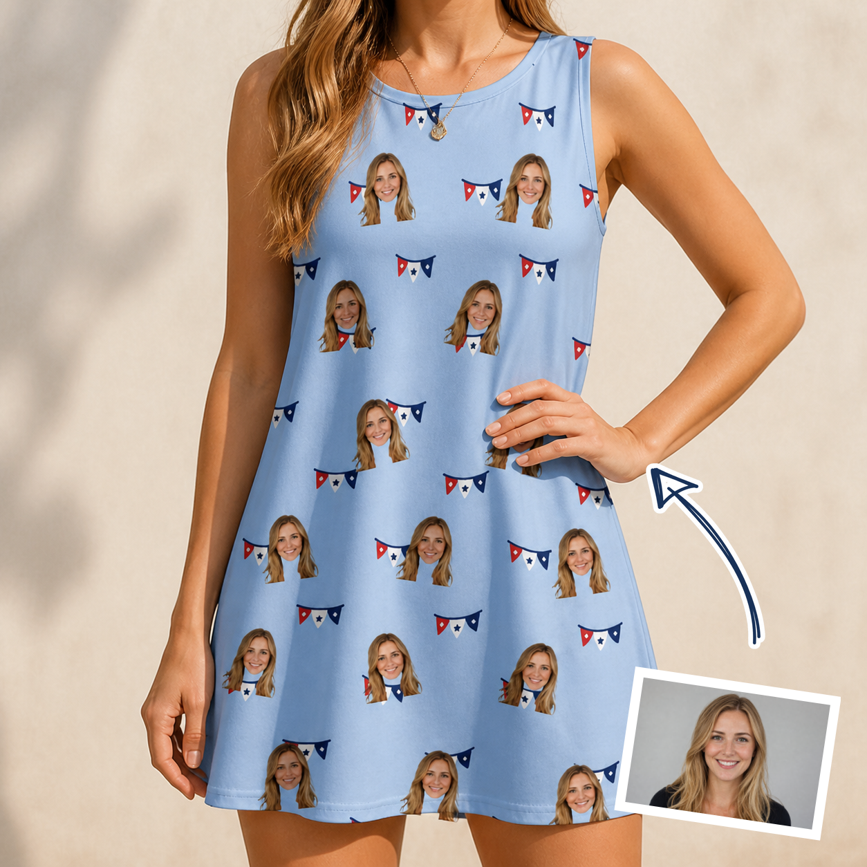 Woman wearing Women's Yankee Doodle Custom Face Tank Dress — custom faces printed all-over