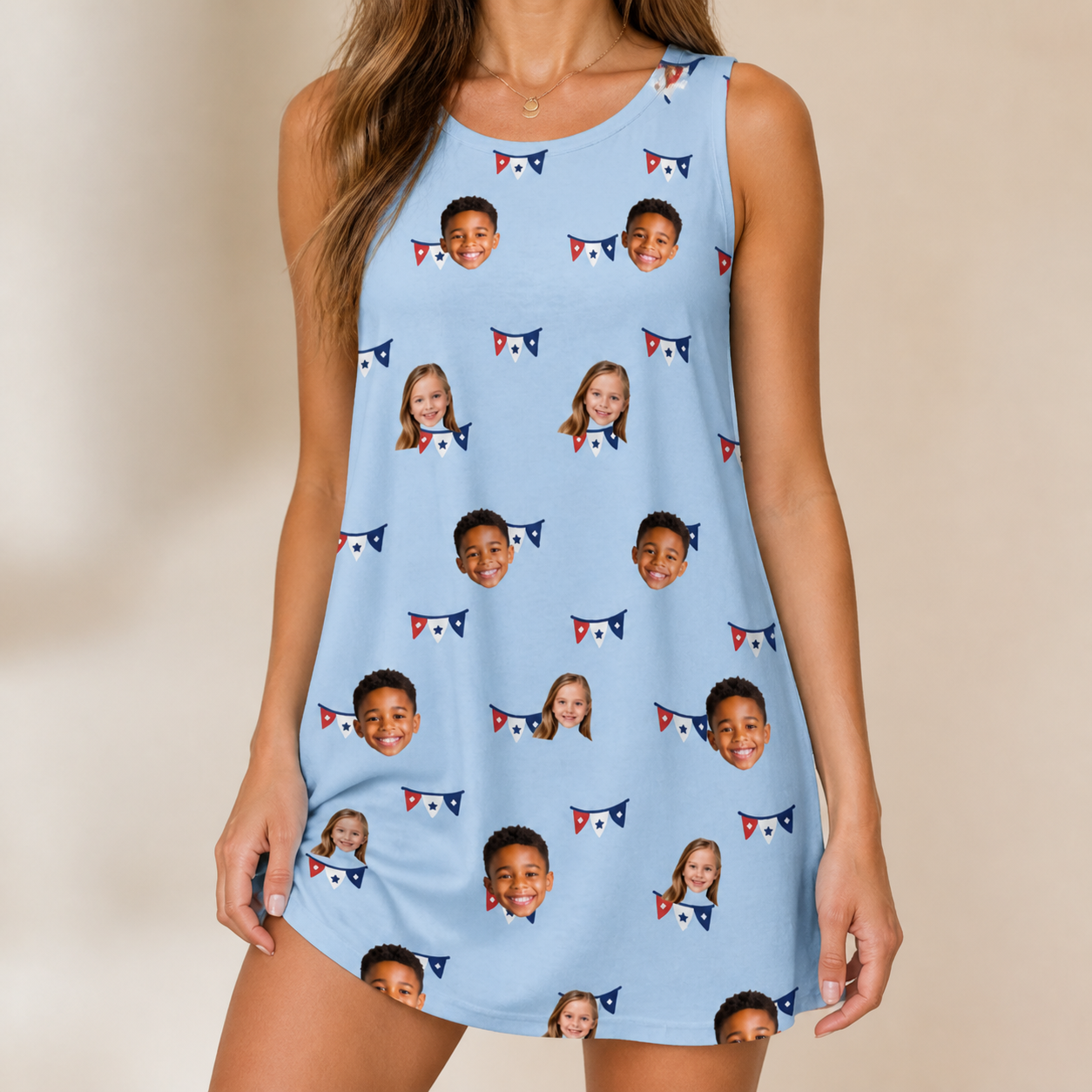 Model wearing Women's Yankee Doodle Custom Face Tank Dress printed with kids' faces