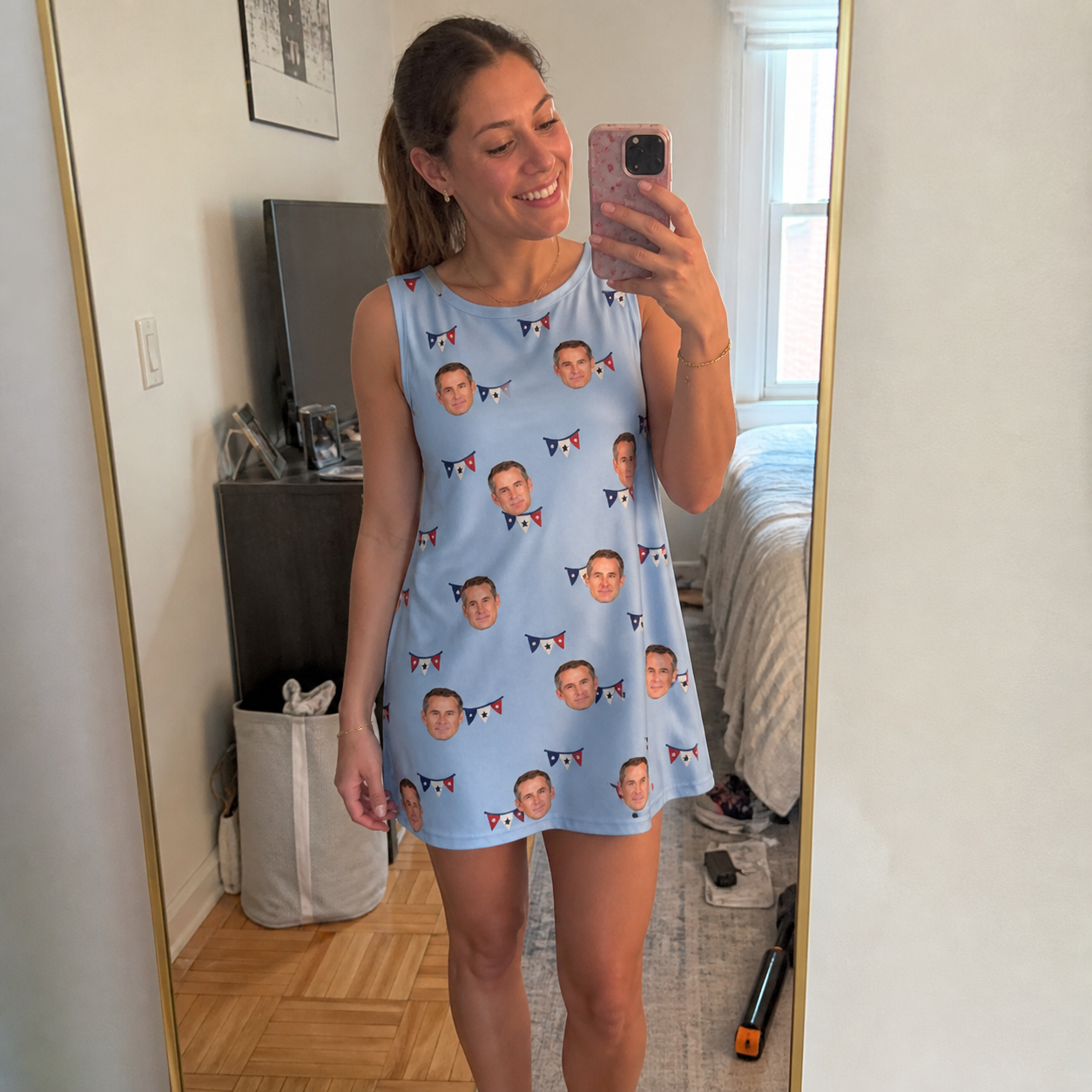 Real-life photo of someone wearing Women's Yankee Doodle Custom Face Tank Dress — custom faces printed all-over
