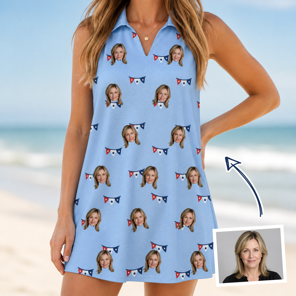Woman wearing Women's Yankee Doodle Custom Face V-Neck Dress — custom faces printed all-over