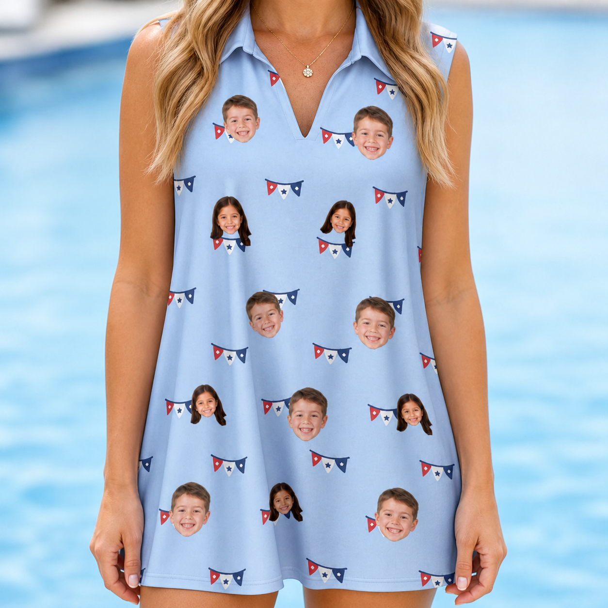Model wearing Women's Yankee Doodle Custom Face V-Neck Dress printed with kids' faces