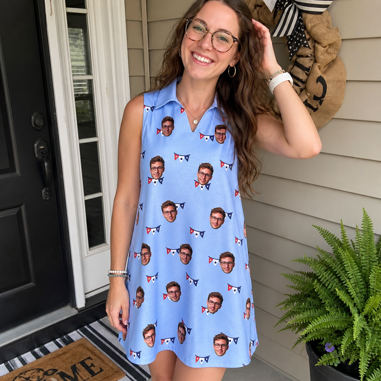 Real-life photo of someone wearing Women's Yankee Doodle Custom Face V-Neck Dress — custom faces printed all-over