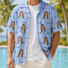 Man wearing Men's Yankee Doodle Custom Face Hawaiian Shirt open over a white tee